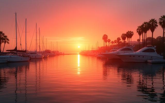 Panoramic view of Marina del Rey at sunset, with boats docked and calm water reflecting the colorful sky.