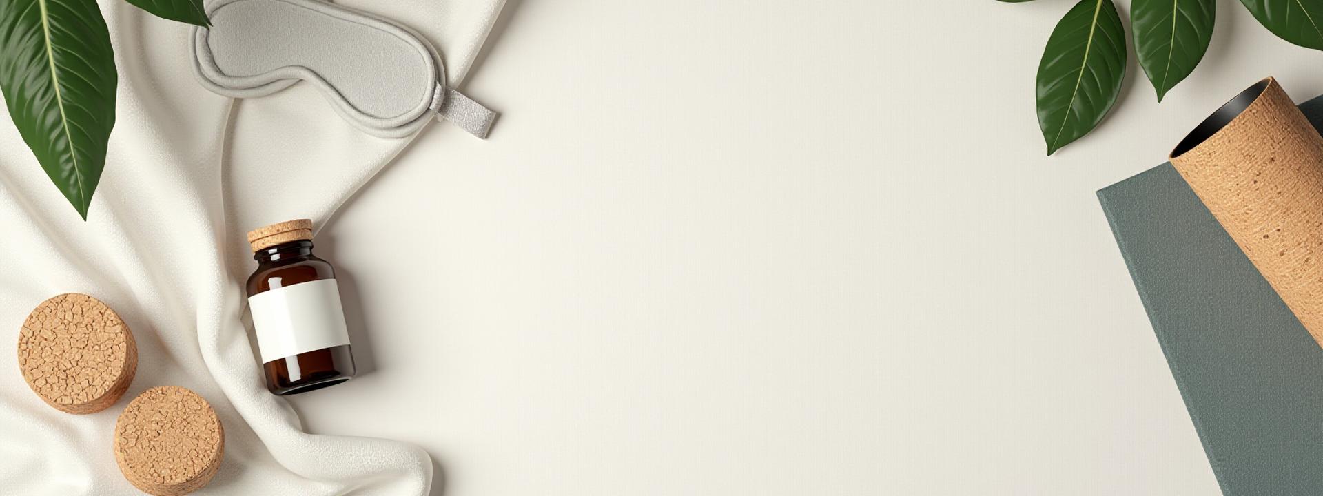 A flat lay of beautifully packaged wellness products including a natural supplement bottle, a sustainable yoga mat, and a luxurious sleep mask, all on a serene, textured background.