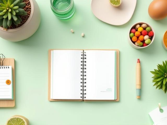 A desk with a plant, healthy snacks, a journal, and a check-up reminder, symbolizing proactive health management