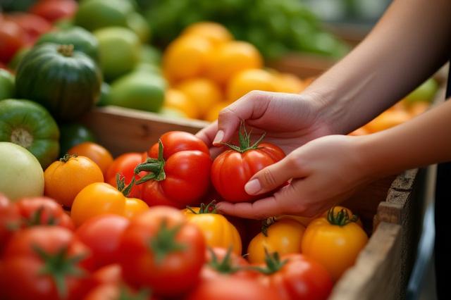 A person carefully selecting fresh, colorful vegetables at a farmer's market, representing mindful eating.