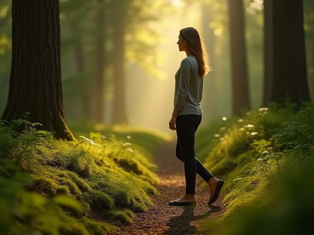 Woman meditatively walking on a forest path, dappled sunlight, serene