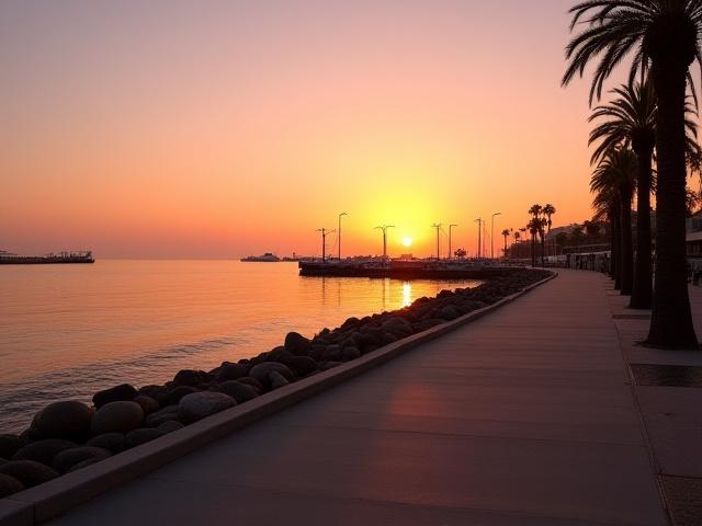 Serene coastal boardwalk in Marina del Rey at sunset, distant boats, peaceful atmosphere